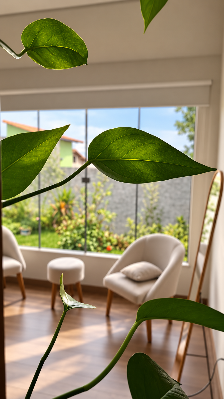 Detalhe de folhagem com lounge ao fundo